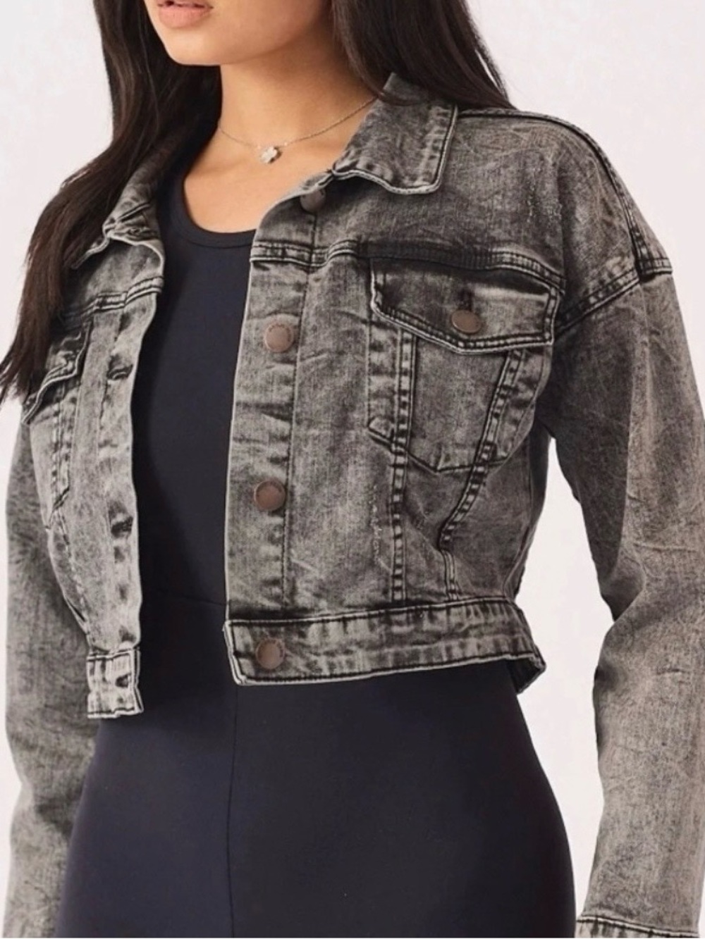 Cropped Washed Black gray distressed Denim Jacket for Women size M